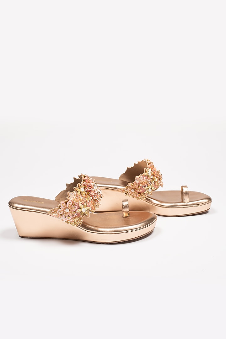 Rose Gold Vegan Leather Embroidered Wedges by Urbansway at Pernia's Pop Up Shop
