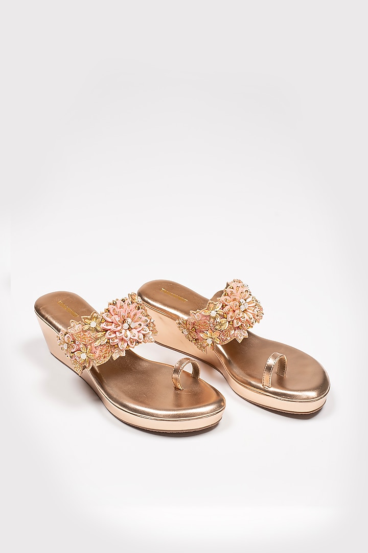 Rose Gold Vegan Leather Embroidered Wedges by Urbansway at Pernia's Pop Up Shop