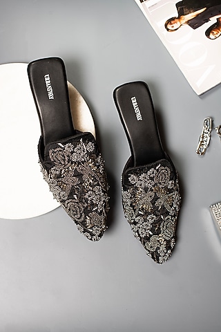Black Vegan Leather & Taffeta Silk Embroidered Mules by Urbansway