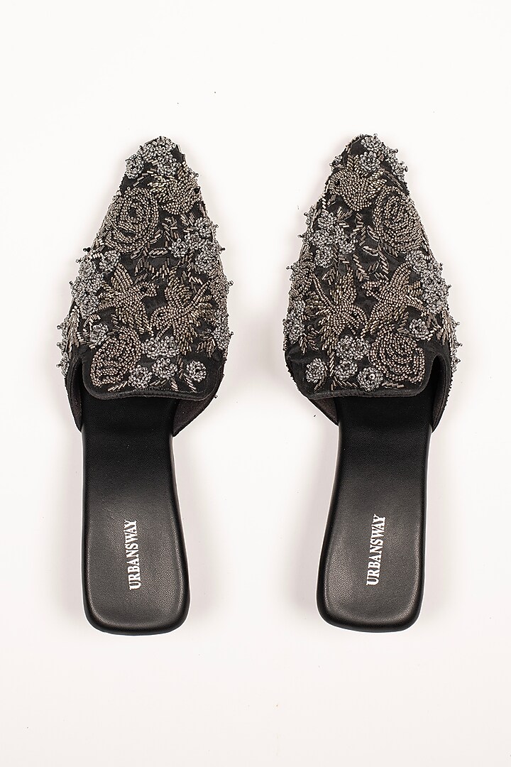 Black Vegan Leather & Taffeta Silk Embroidered Mules by Urbansway at Pernia's Pop Up Shop