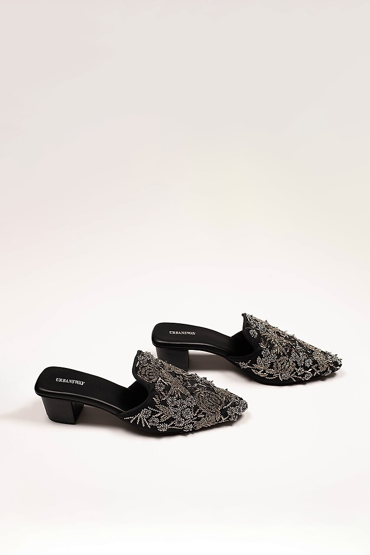 Black Vegan Leather & Taffeta Silk Embroidered Mules by Urbansway at Pernia's Pop Up Shop