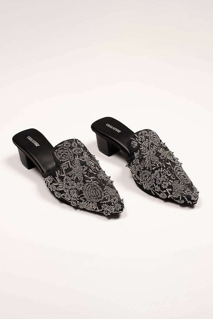 Black Vegan Leather & Taffeta Silk Embroidered Mules by Urbansway at Pernia's Pop Up Shop
