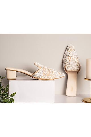 Cream Vegan Leather & Taffeta Silk Embroidered Mules by Urbansway