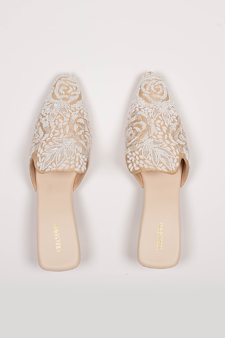 Cream Vegan Leather & Taffeta Silk Embroidered Mules by Urbansway at Pernia's Pop Up Shop