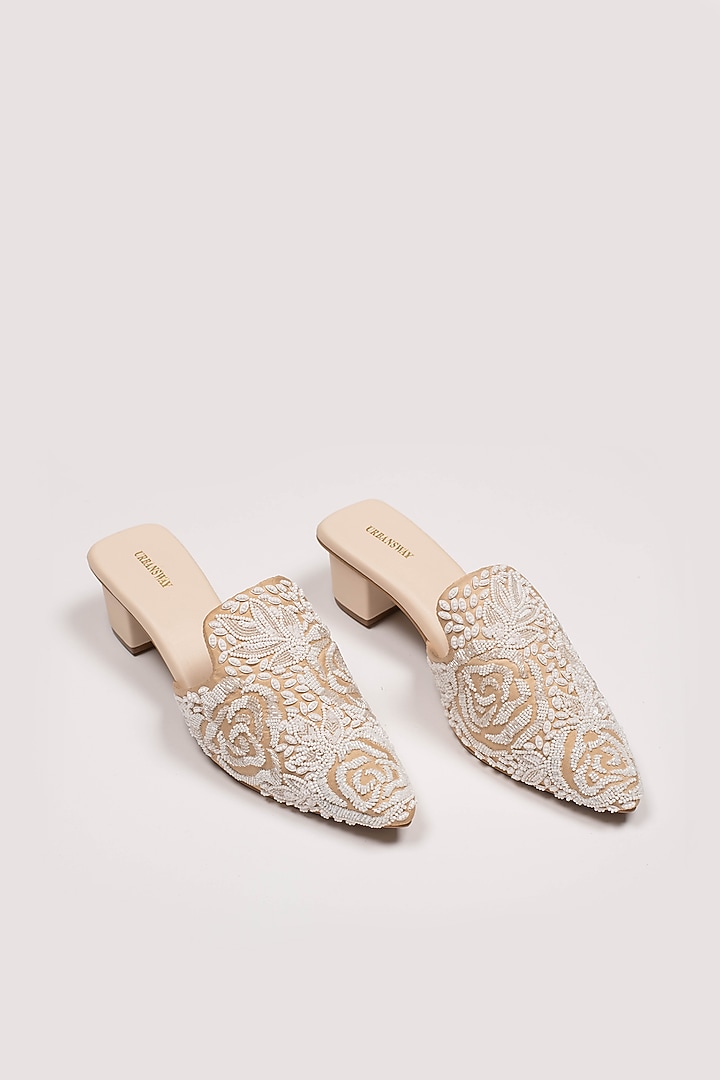 Cream Vegan Leather & Taffeta Silk Embroidered Mules by Urbansway at Pernia's Pop Up Shop