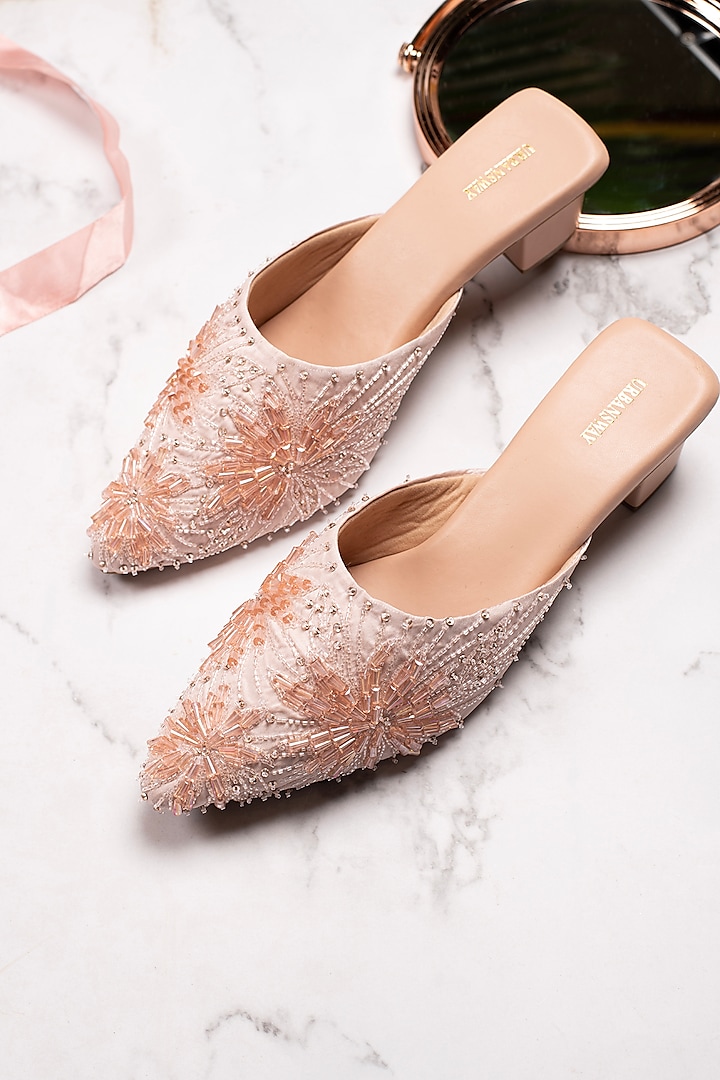 Pastel Pink Vegan Leather & Taffeta Silk Embroidered Mules by Urbansway