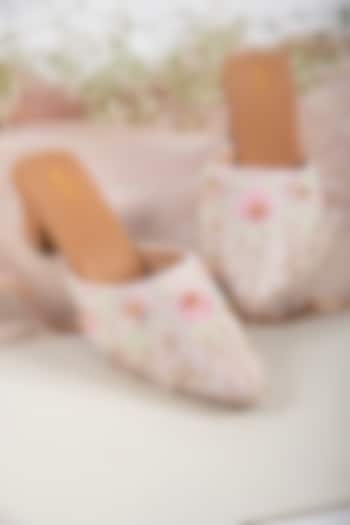 Pastel Pink Vegan Leather & Taffeta Silk Embroidered Mules by Urbansway