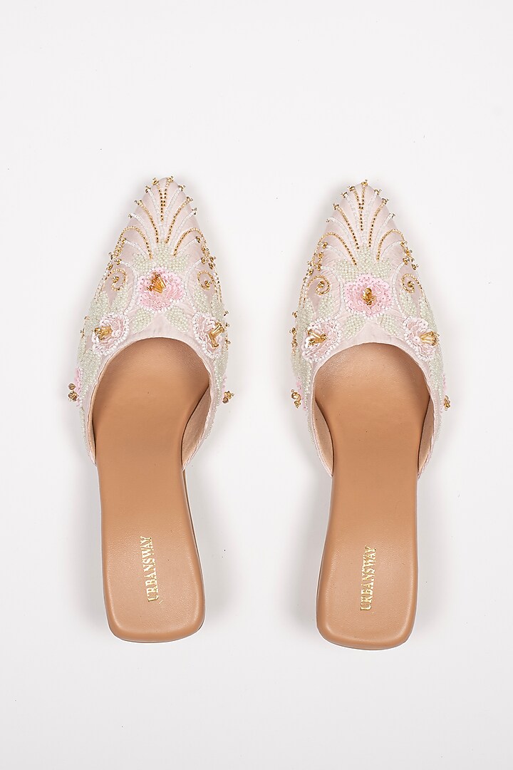 Pastel Pink Vegan Leather & Taffeta Silk Embroidered Mules by Urbansway at Pernia's Pop Up Shop