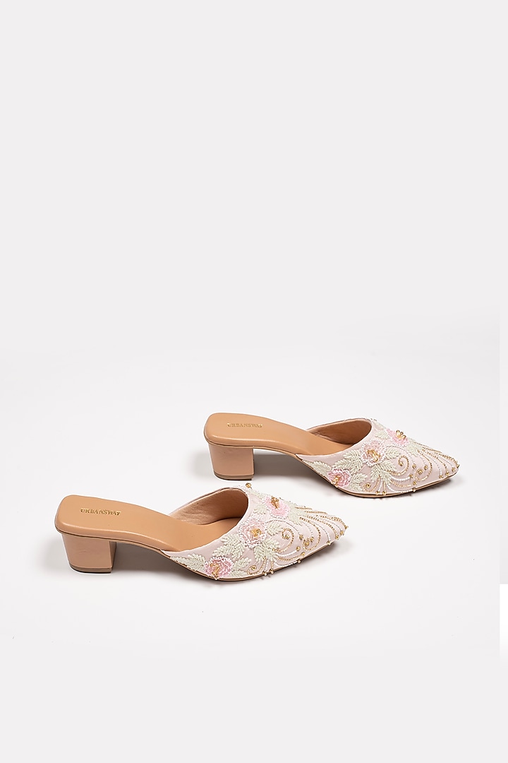 Pastel Pink Vegan Leather & Taffeta Silk Embroidered Mules by Urbansway at Pernia's Pop Up Shop