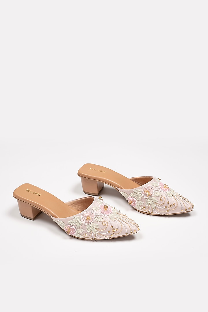 Pastel Pink Vegan Leather & Taffeta Silk Embroidered Mules by Urbansway at Pernia's Pop Up Shop