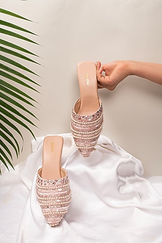 Pink Vegan Leather & Satin Embroidered Mules by Urbansway