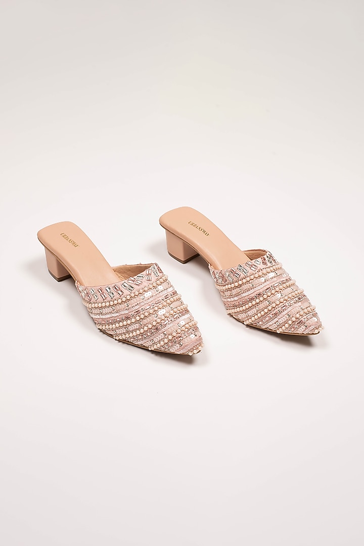Pink Vegan Leather & Satin Embroidered Mules by Urbansway at Pernia's Pop Up Shop