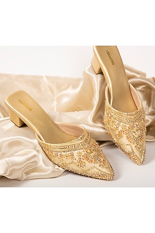 Gold Vegan Leather & Satin Embroidered Mules by Urbansway