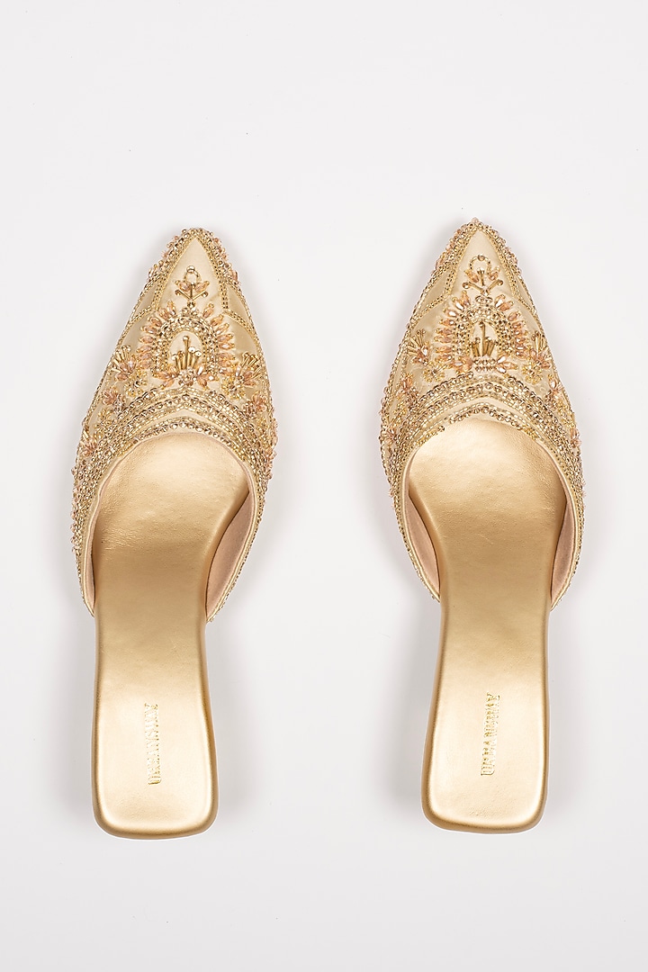 Gold Vegan Leather & Satin Embroidered Mules by Urbansway at Pernia's Pop Up Shop