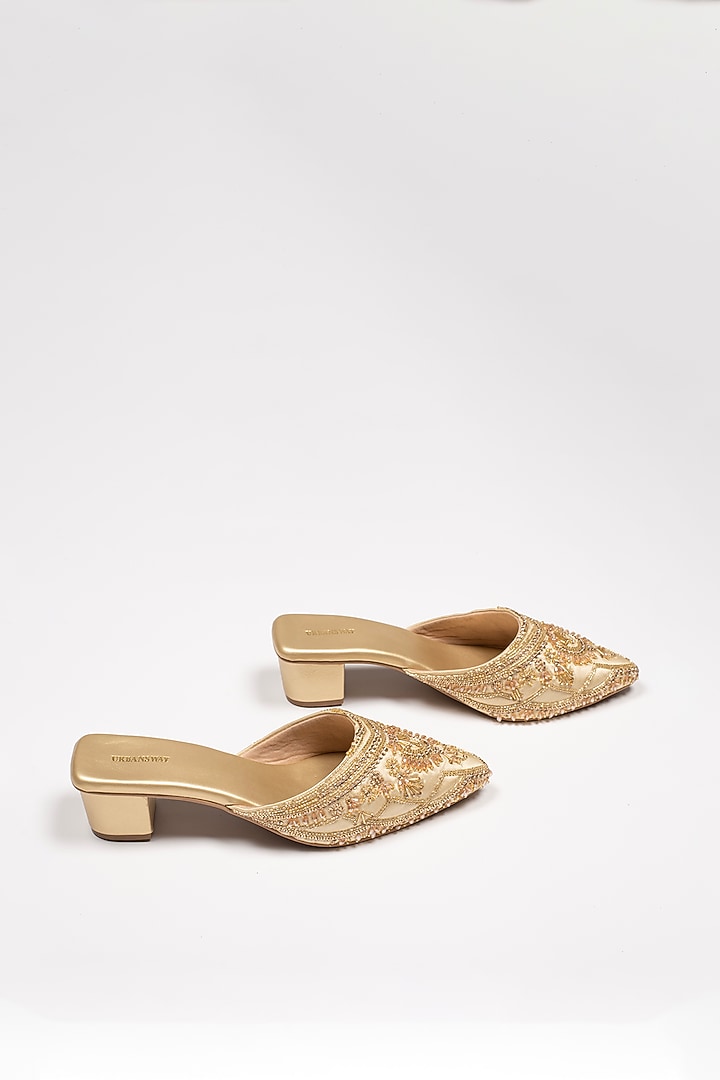 Gold Vegan Leather & Satin Embroidered Mules by Urbansway at Pernia's Pop Up Shop