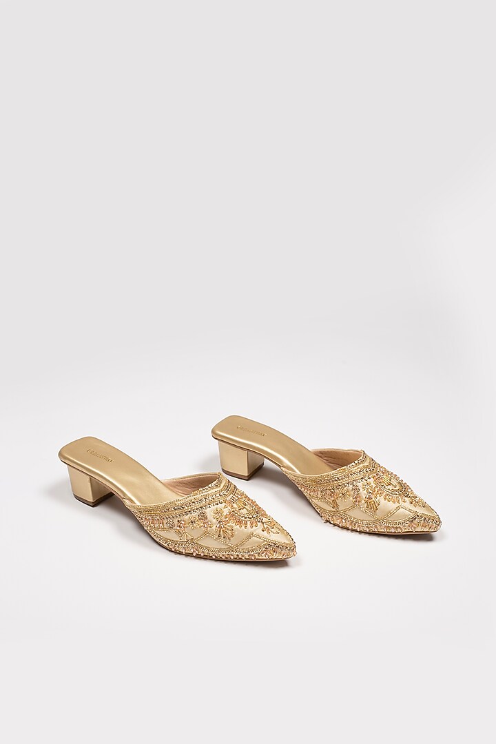 Gold Vegan Leather & Satin Embroidered Mules by Urbansway at Pernia's Pop Up Shop