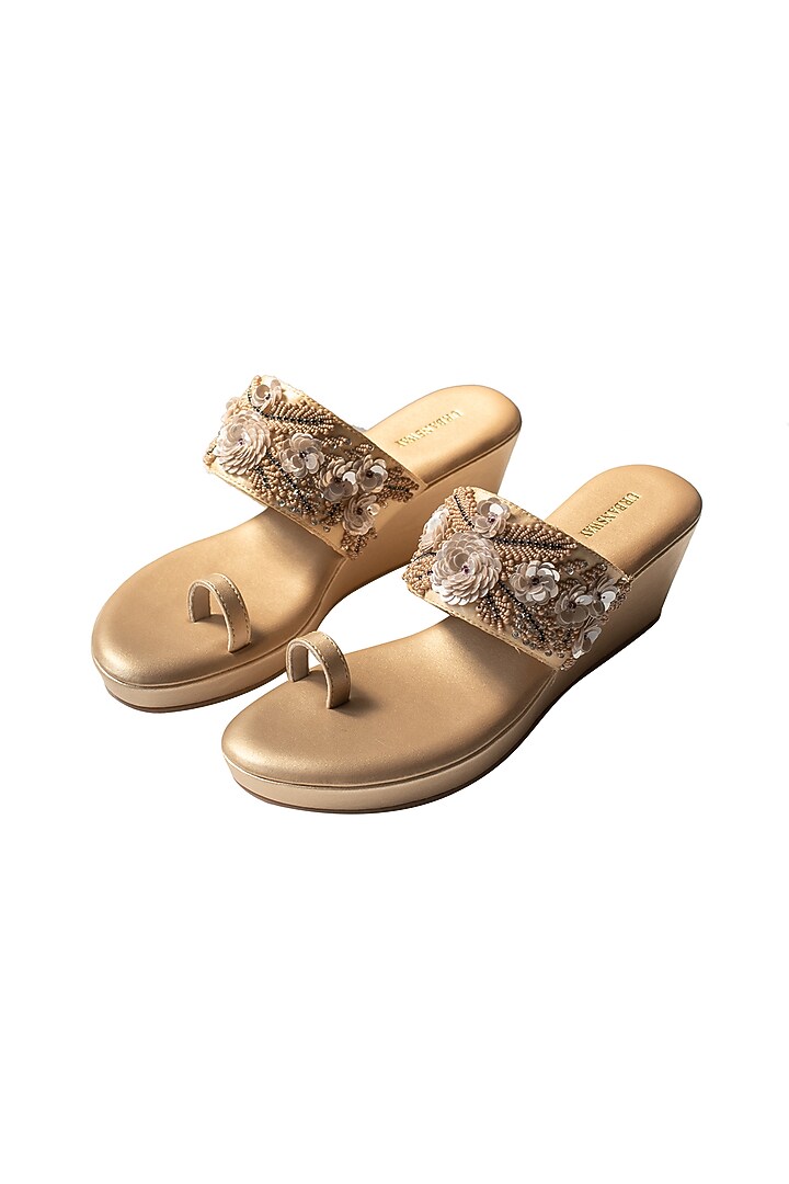 Gold Faux Leather Embroidered Wedges by Urbansway at Pernia's Pop Up Shop