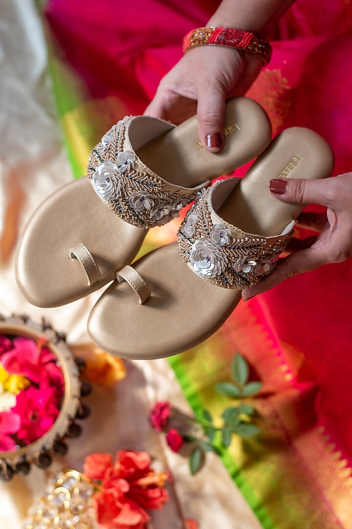 Gold Faux Leather Embroidered Wedges by Urbansway at Pernia's Pop Up Shop
