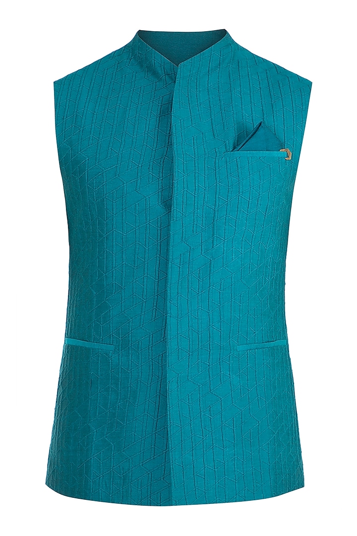 Green Textured Waistcoat by Unit by Rajat Suri