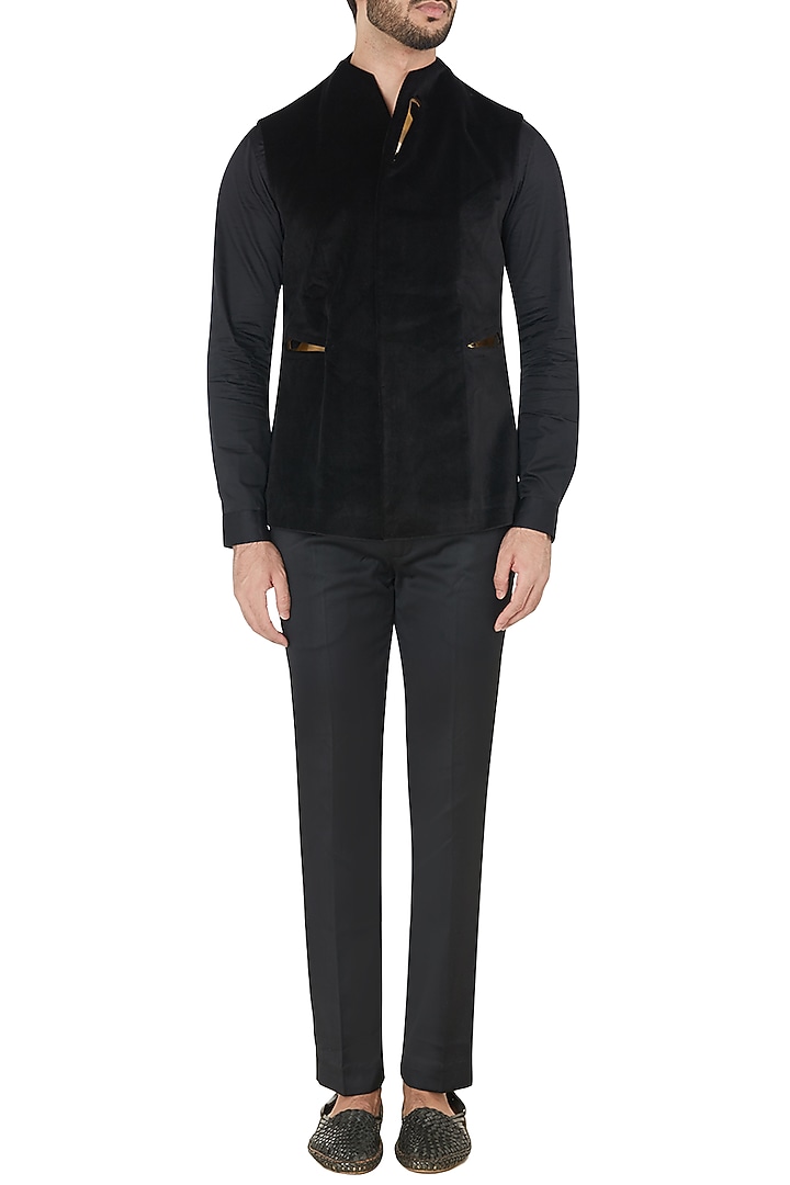 Black metal insert velvet waist coat available only at Pernia's Pop Up Shop.
