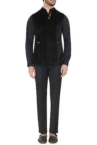 Black Metal Insert Velvet Waist Coat by Unit by Rajat Suri