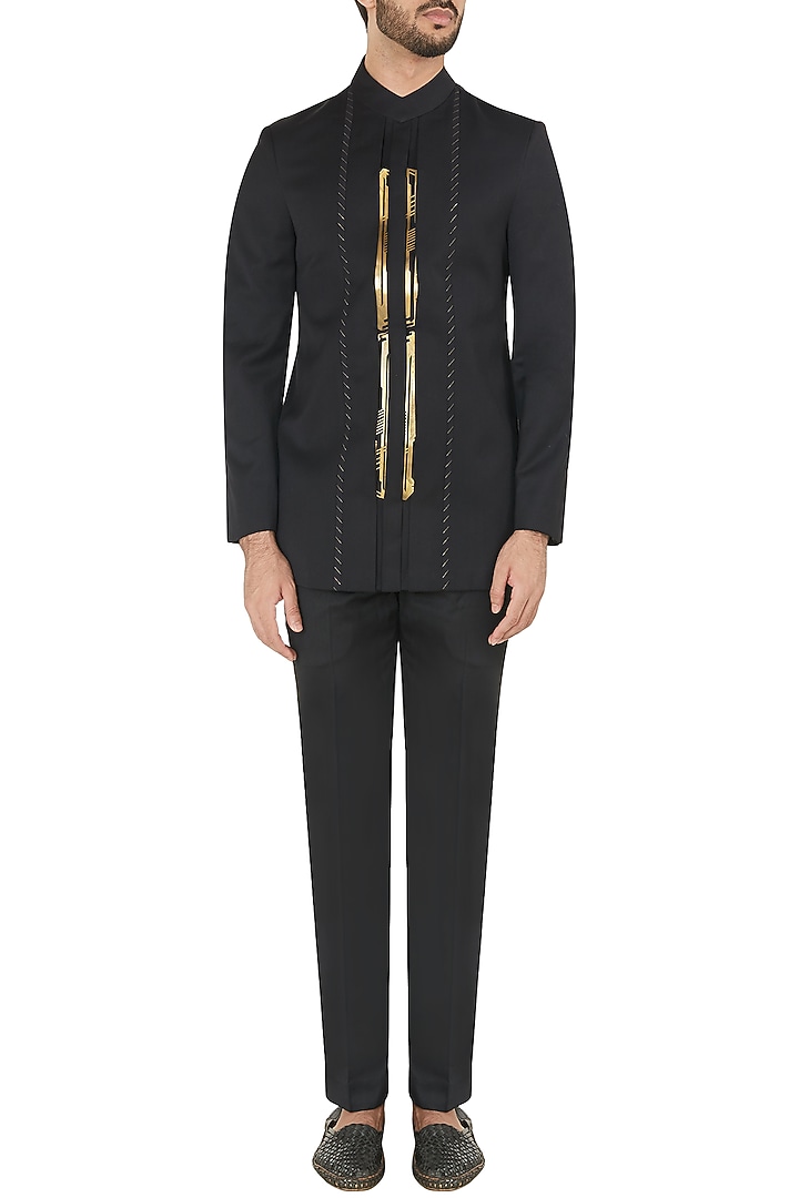 Black long metal insert bandhgala jacket available only at Pernia's Pop Up Shop.