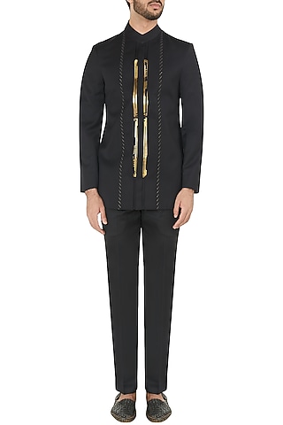 Black Long Metal Insert Bandhgala Jacket by Unit by Rajat Suri