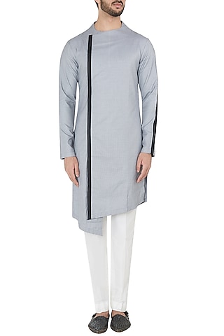Black And White Textured Asymmetrical Kurta by Unit by Rajat Suri