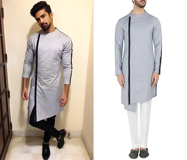Black and white textured asymmetrical kurta available only at Pernia's Pop Up Shop.