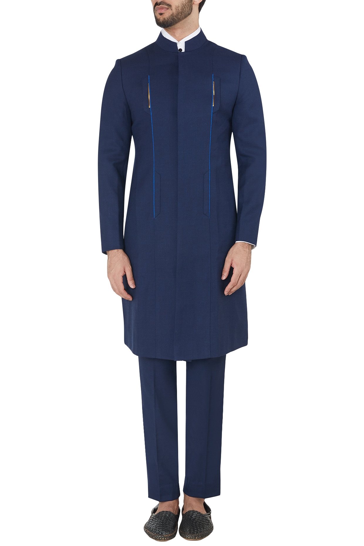 Navy blue metal insert long bandhgala jacket with trousers