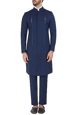 Navy Blue Terry Rayon Metal Insert Indowestern set by Unit by Rajat Suri