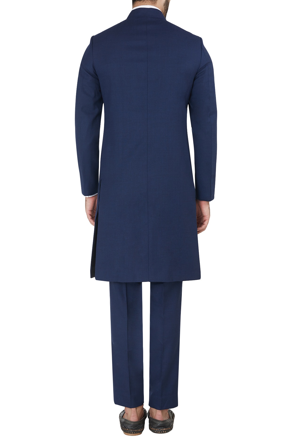 Navy blue metal insert long bandhgala jacket with trousers