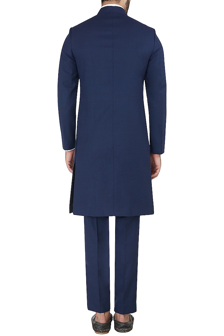Navy blue metal insert long bandhgala jacket with trousers available only at Pernia's Pop Up Shop.