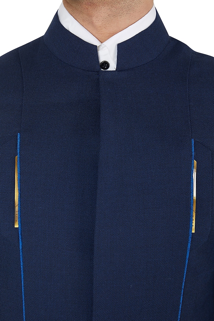 Navy blue metal insert long bandhgala jacket with trousers available only at Pernia's Pop Up Shop.