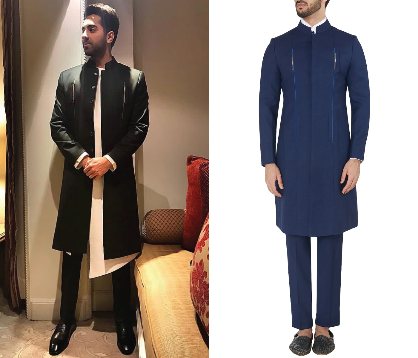 Navy blue metal insert long bandhgala jacket with trousers