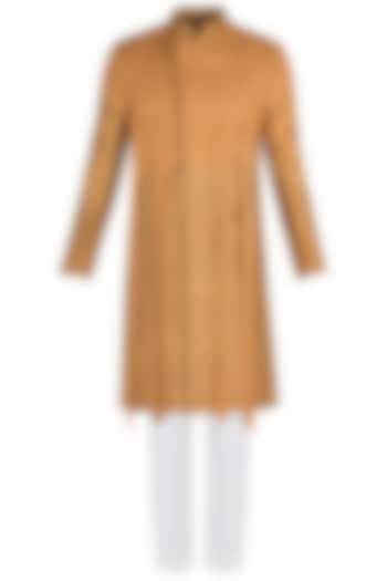 Ochre pintucks bandhgala jacket with pants available only at Pernia's Pop Up Shop.