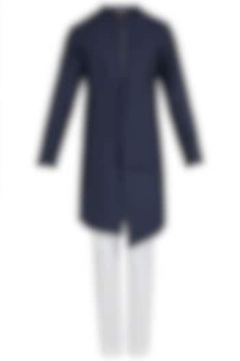 Navy blue side lapel embroidered kurta with pants available only at Pernia's Pop Up Shop.