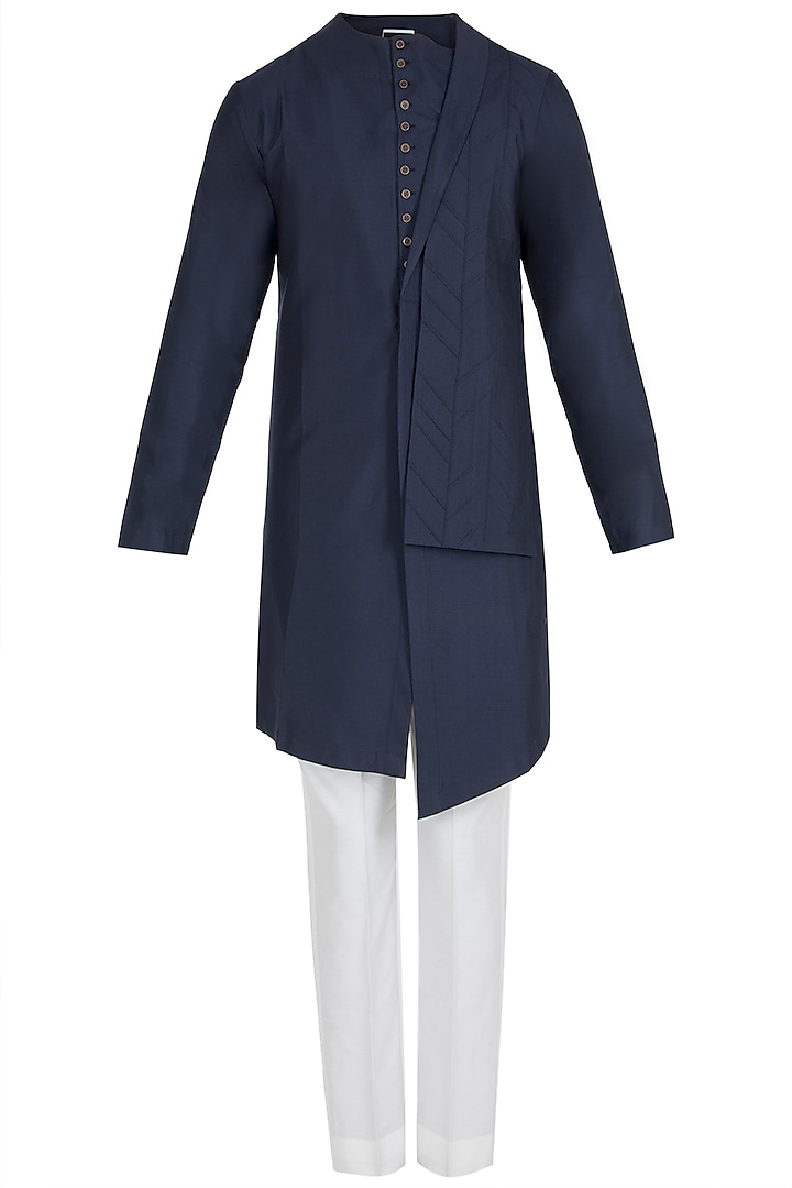 Navy Blue Side Lapel Embroidered Kurta with Pants by Unit by Rajat Suri