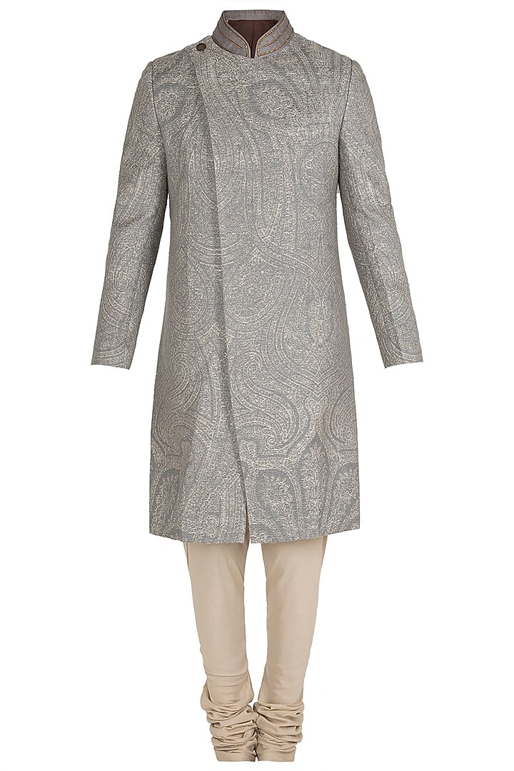 Mud grey zardozi jacquard bandhgala jacket with pants available only at Pernia's Pop Up Shop.