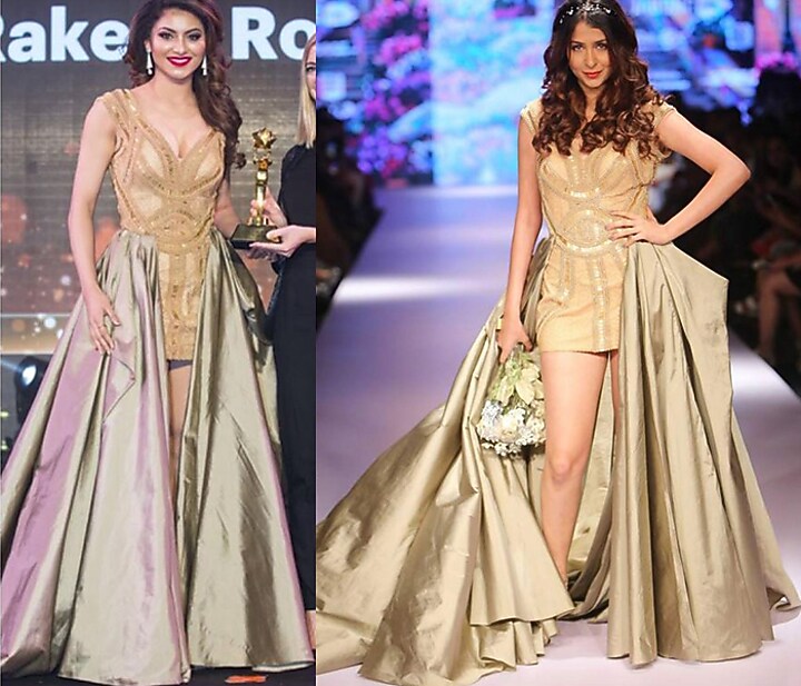 Gold beaded cocktail dress with oyester trail available only at Pernia's Pop Up Shop.