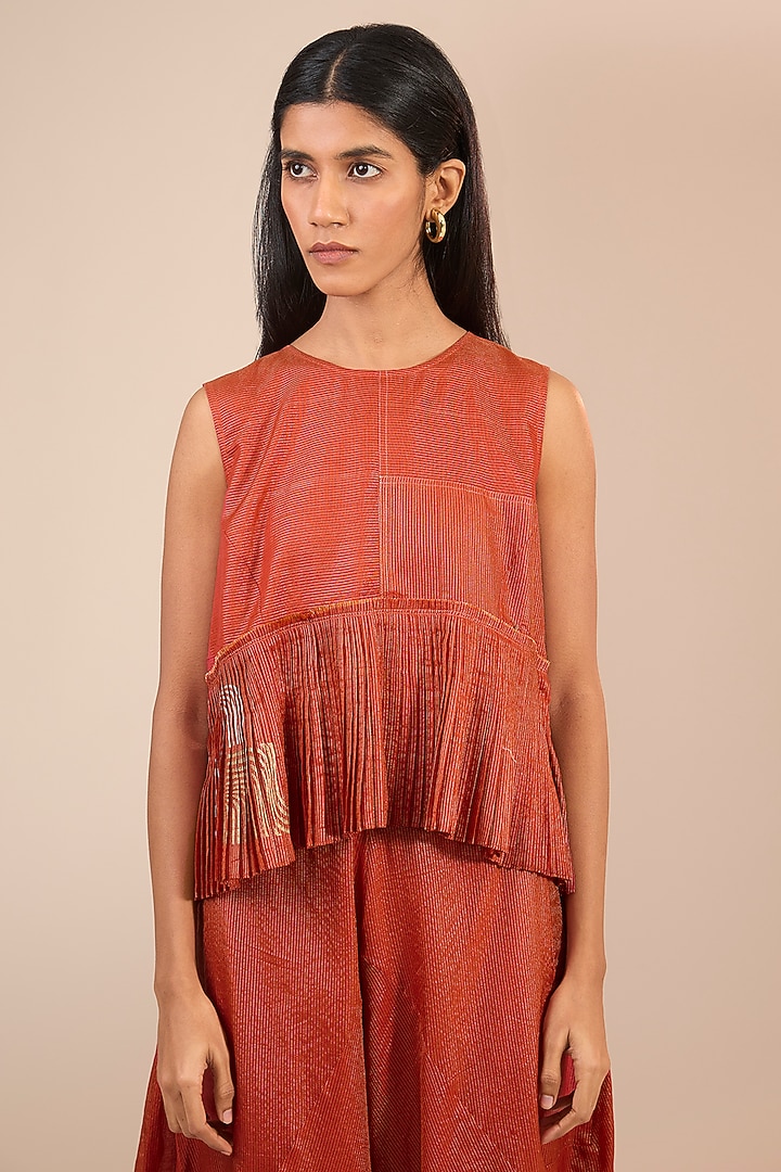 Orange Tissue Zari Silk Micro-Pleated Top by Urvashi Kaur at Pernia's Pop Up Shop