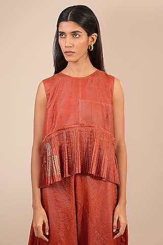 Orange Tissue Zari Silk Micro-Pleated Top by Urvashi Kaur