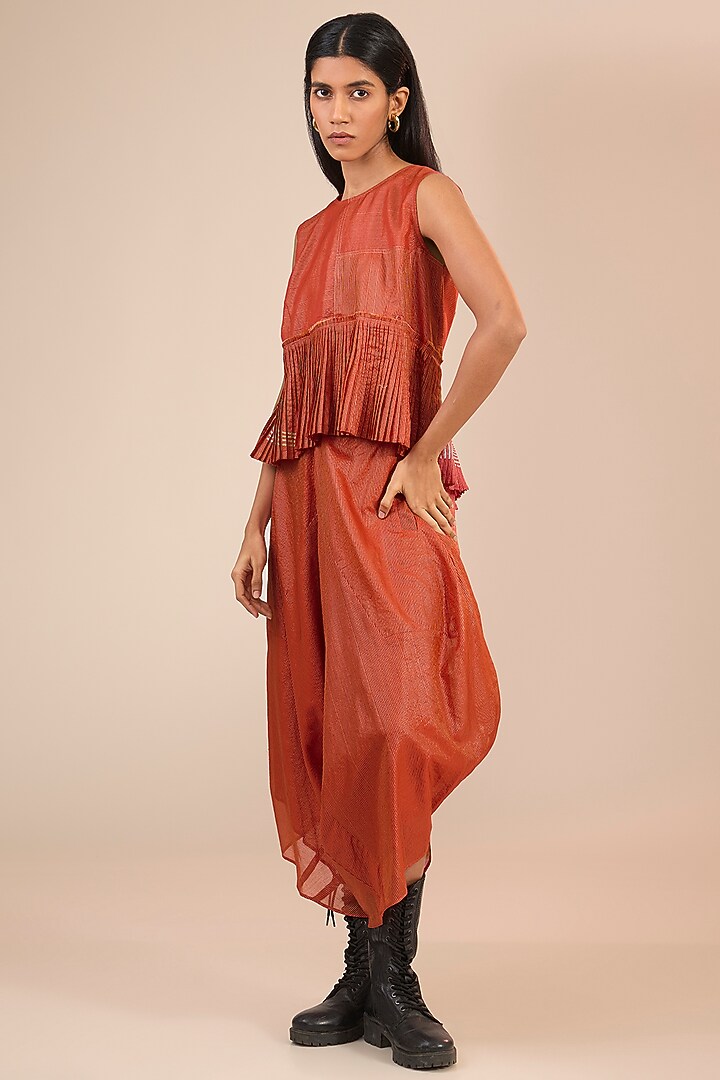 Orange Tissue Zari Silk Micro-Pleated Top by Urvashi Kaur at Pernia's Pop Up Shop