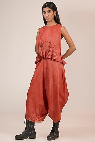 Orange Tissue Silk Stripes Asymmetric Pants by Urvashi Kaur