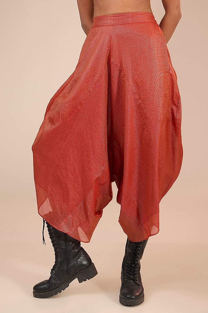 Orange Tissue Silk Stripes Asymmetric Pants by Urvashi Kaur at Pernia's Pop Up Shop