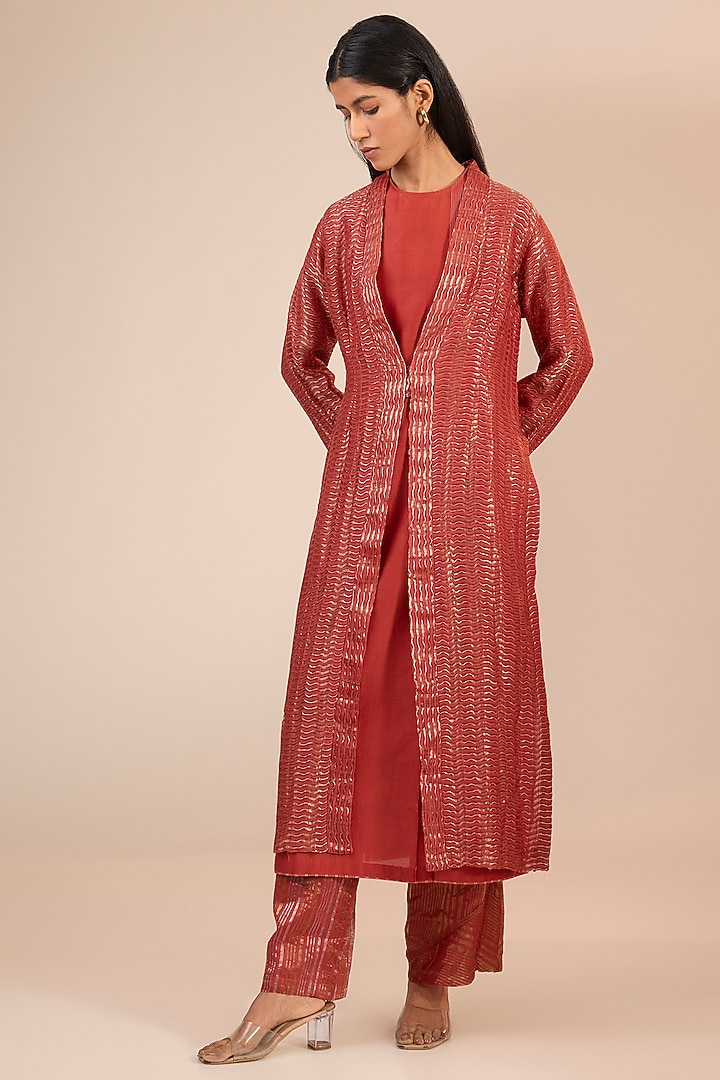 Red Cotton Silk Textured Jacket by Urvashi Kaur at Pernia's Pop Up Shop