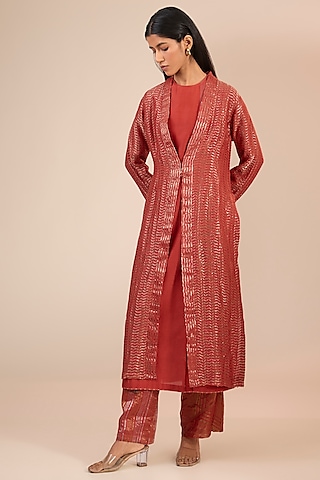 Red Cotton Silk Textured Jacket by Urvashi Kaur