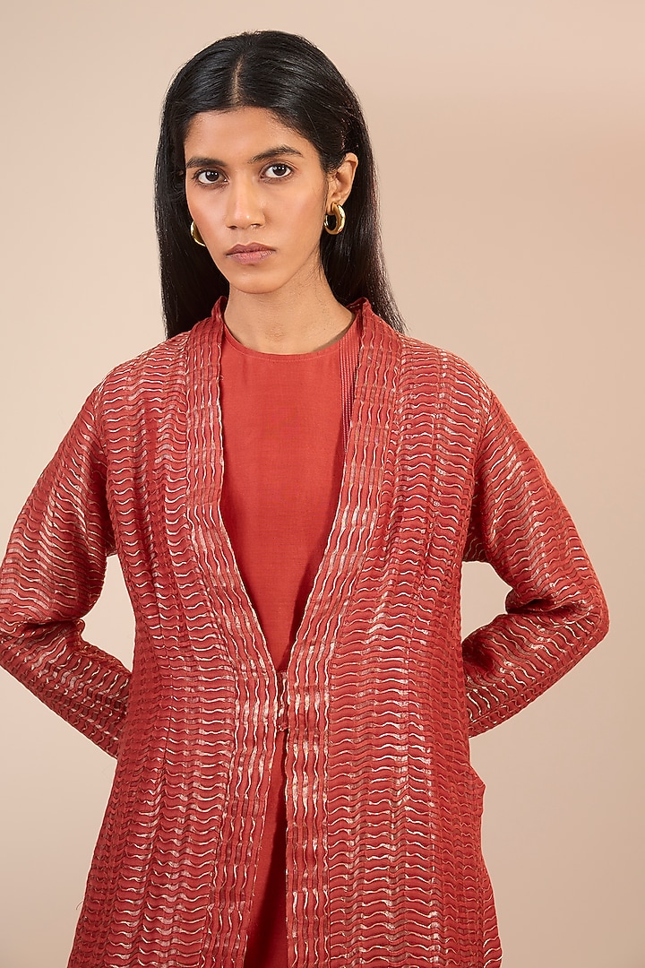 Red Cotton Silk Textured Jacket by Urvashi Kaur at Pernia's Pop Up Shop