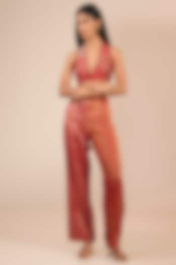 Red Tissue Zari Silk Straight Pants by Urvashi Kaur at Pernia's Pop Up Shop