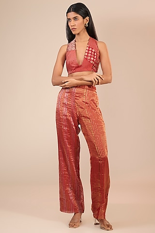Red Tissue Zari Silk Straight Pants by Urvashi Kaur